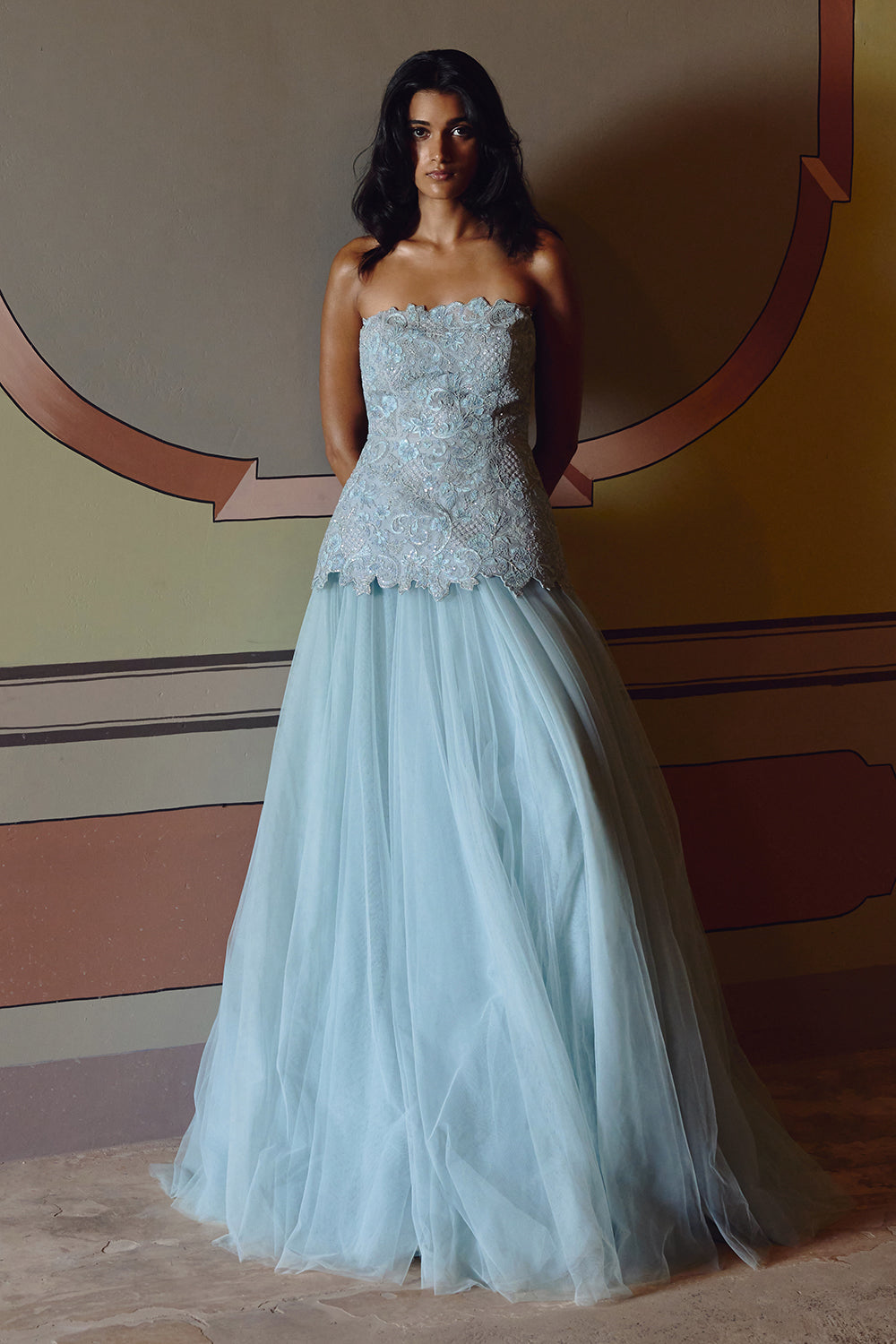 Powder Blue Dori Embroidery Cutwork Tube Peplum Skirt Set