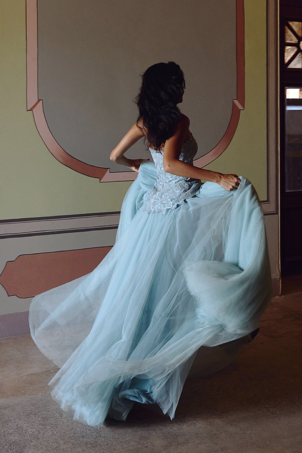 Powder Blue Dori Embroidery Cutwork Tube Peplum Skirt Set