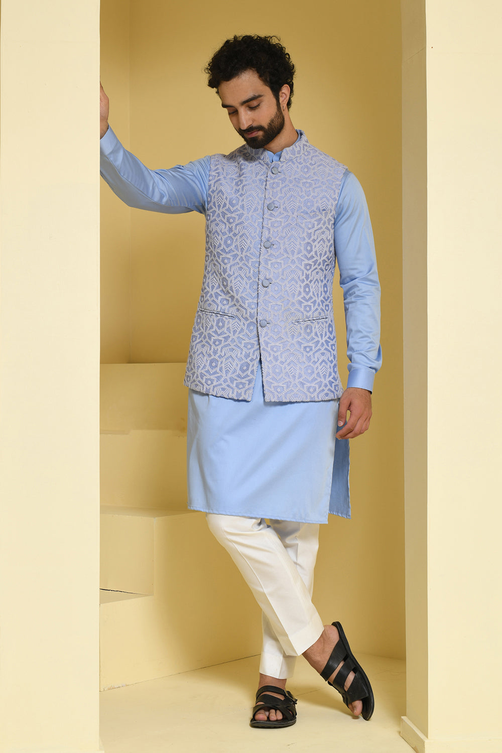Powder blue Kurta Pants with complimenting silk jacket