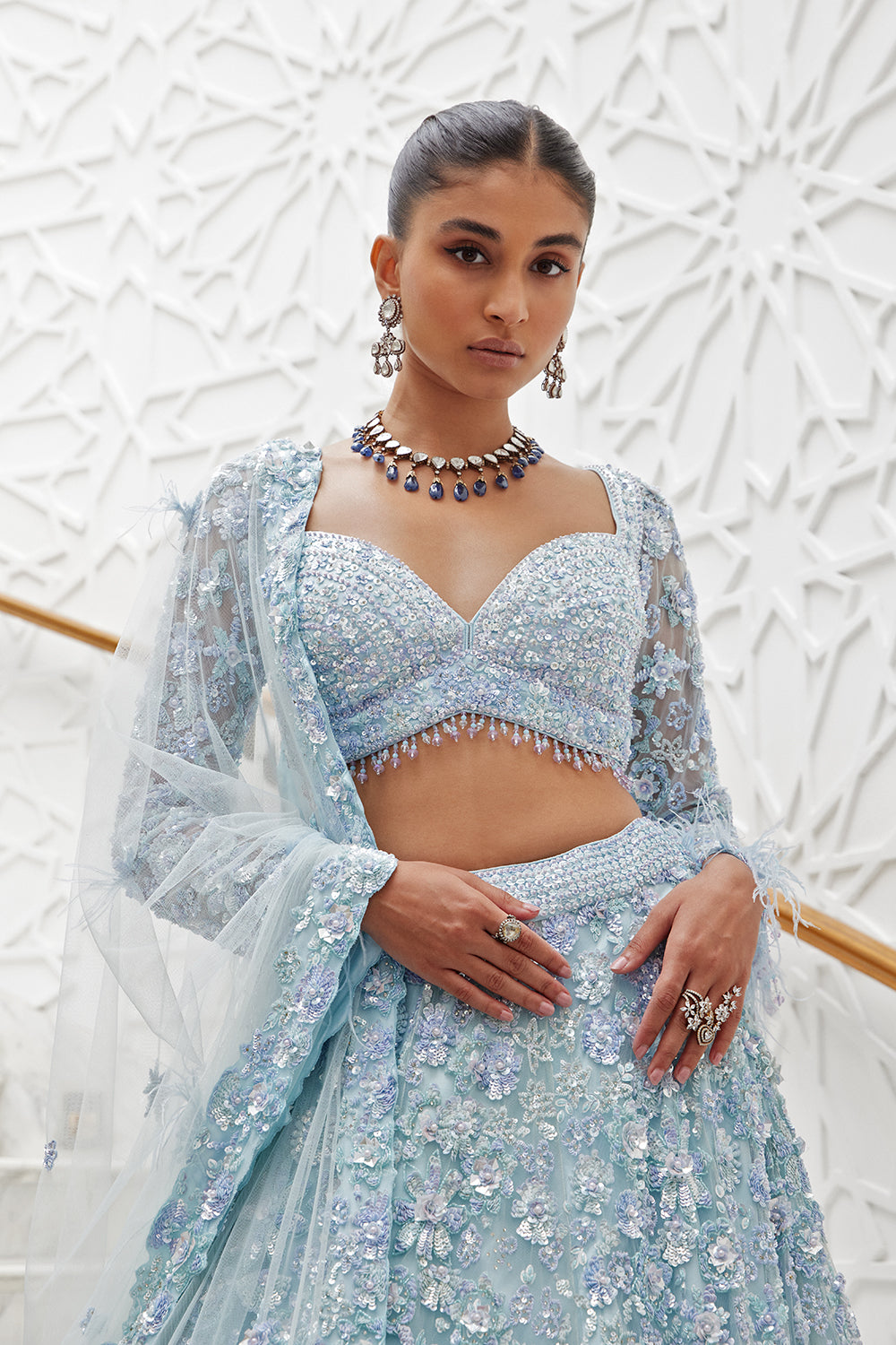 Powder Blue Net Lehenga Choli Dupatta Set