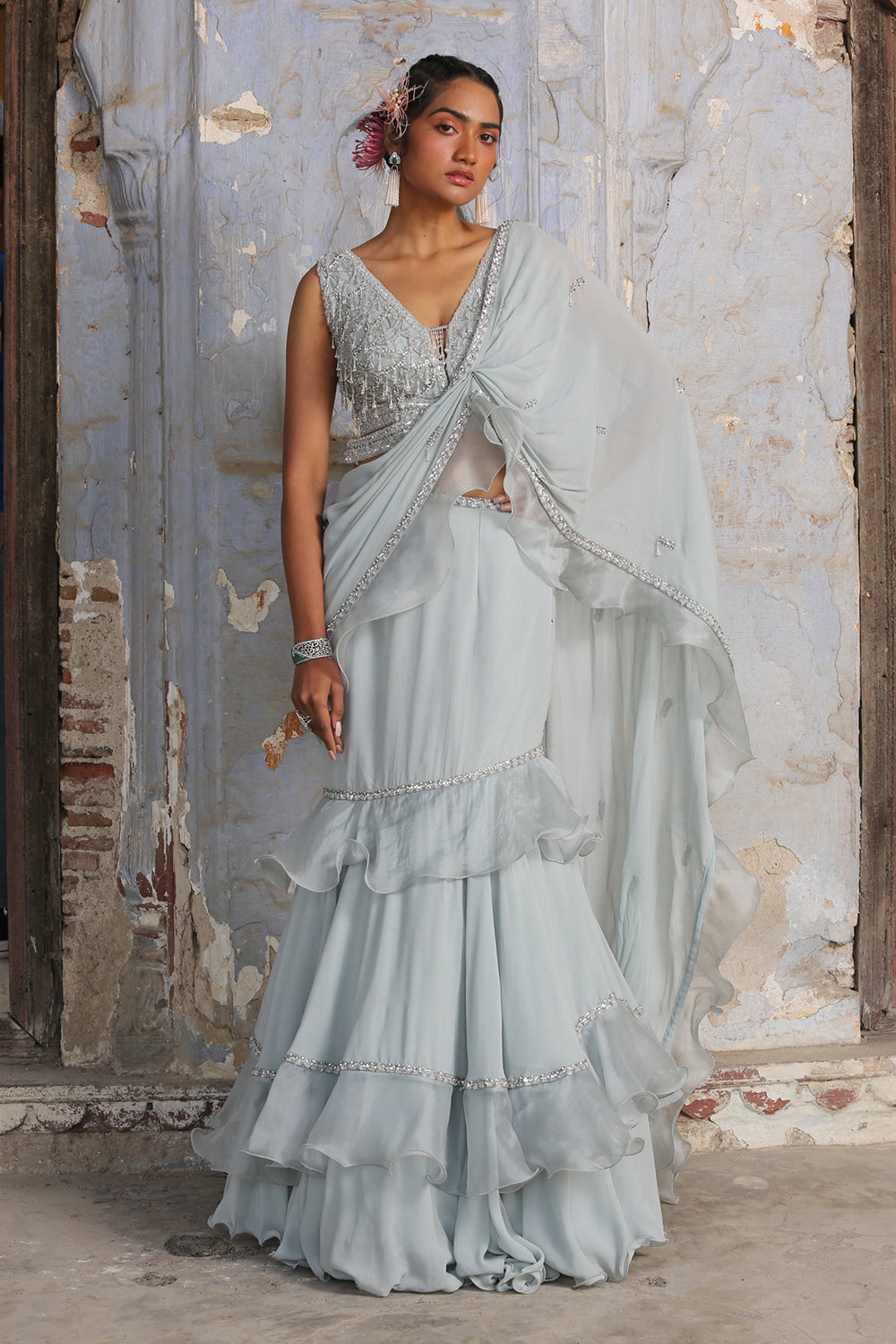 Powder Blue Organza Drape Saree