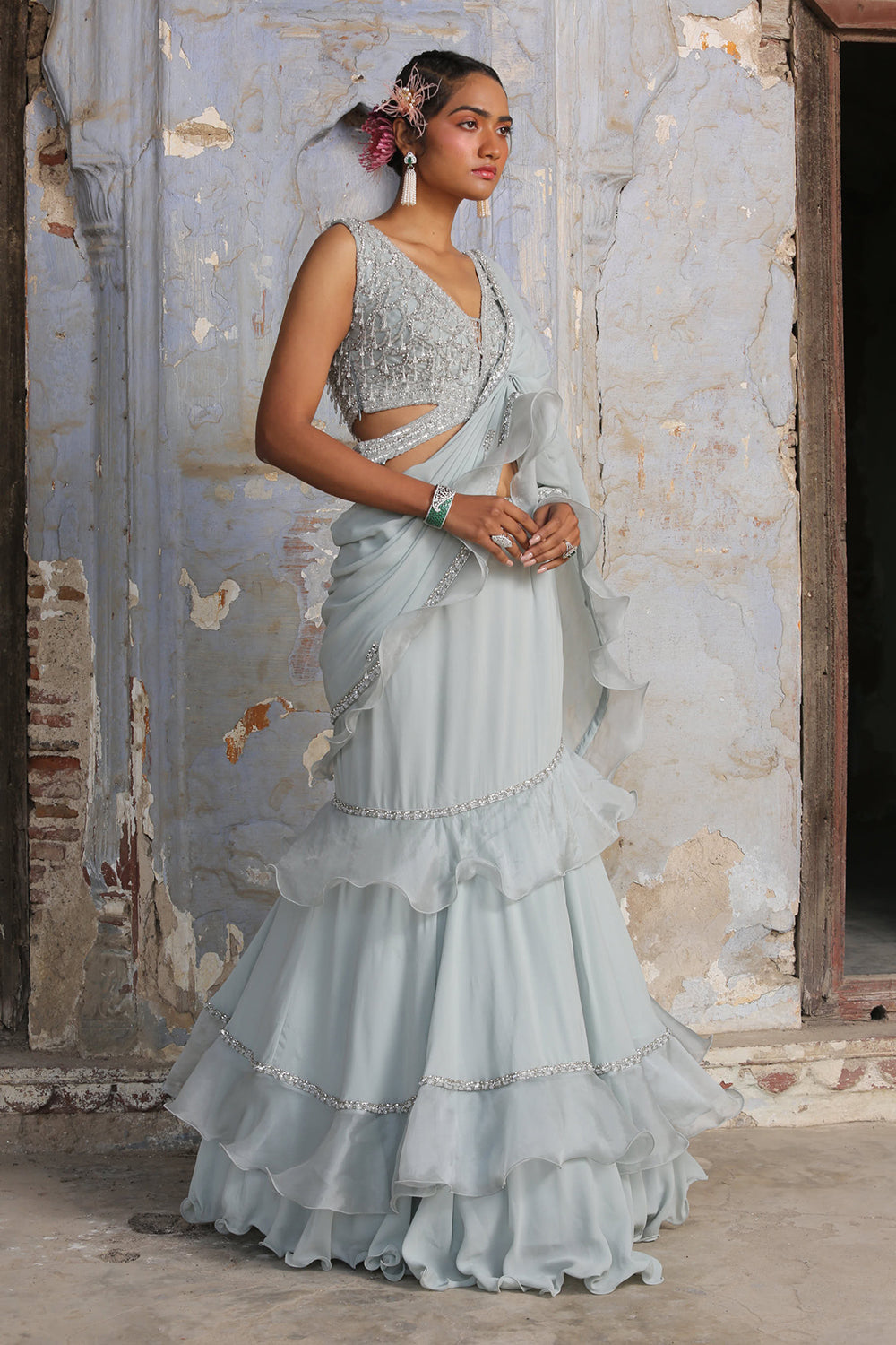 Powder Blue Organza Drape Saree