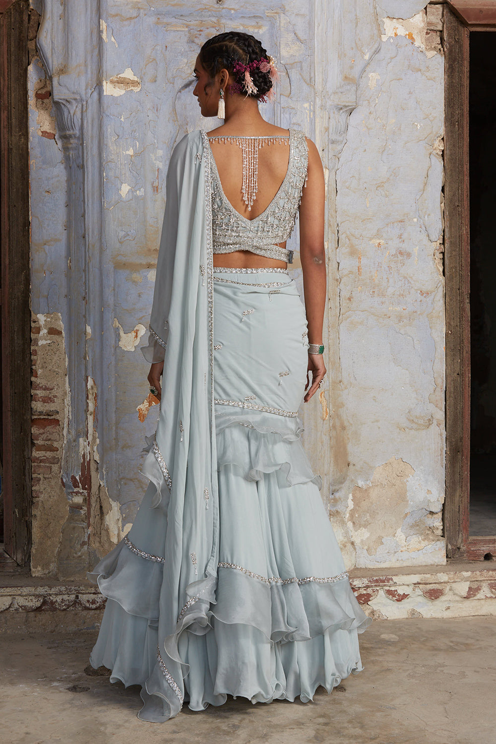 Powder Blue Organza Drape Saree