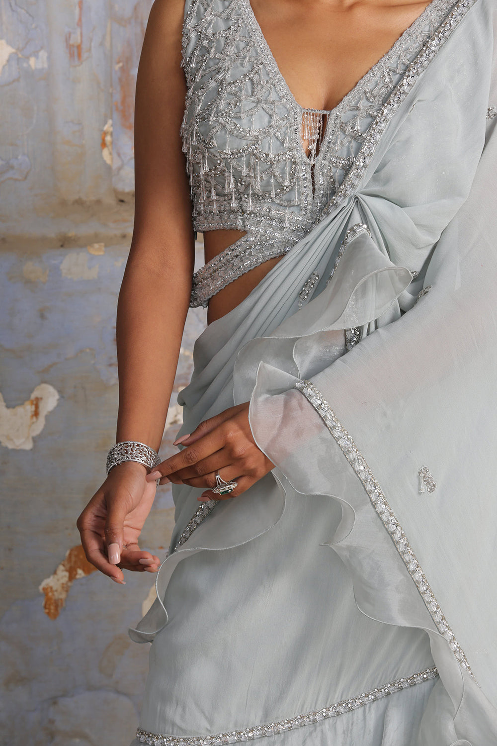 Powder Blue Organza Drape Saree