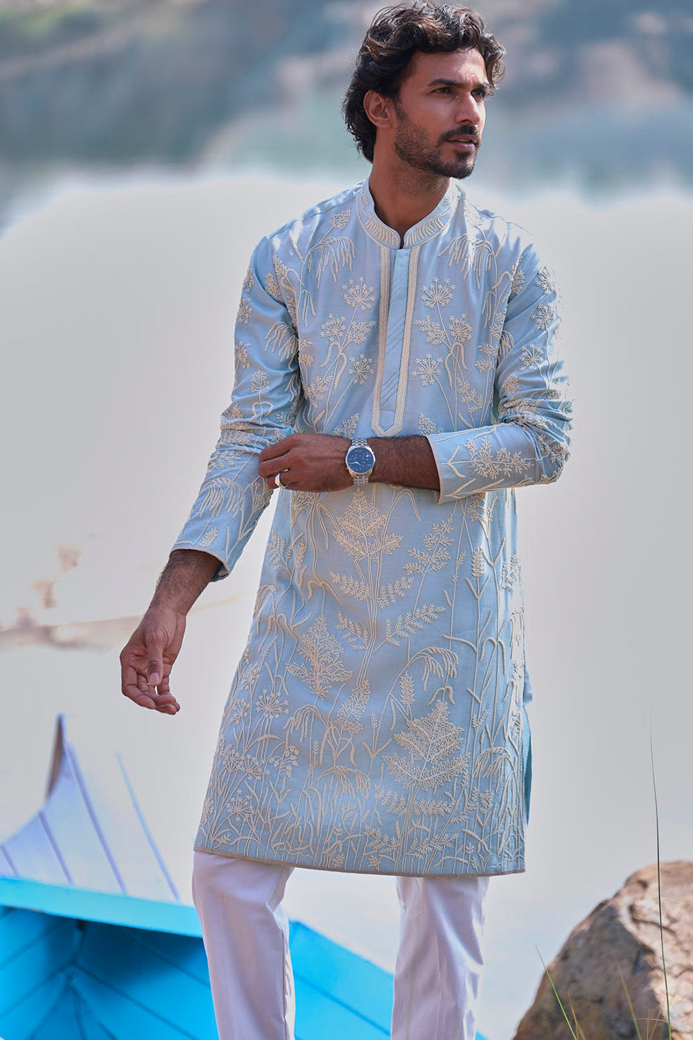 Powder Blue Tropical Nature Pearl Embroidery Kurta Set
