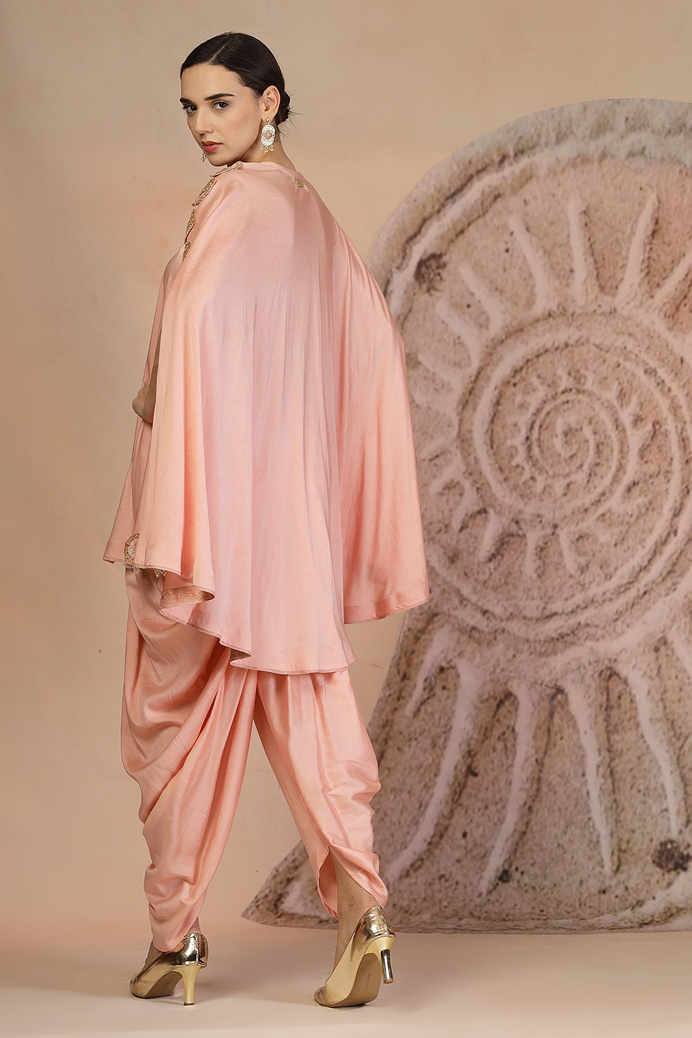 Powder Pink Silk Peplum Kurta Set with Tulip Pants & Leather Detailing