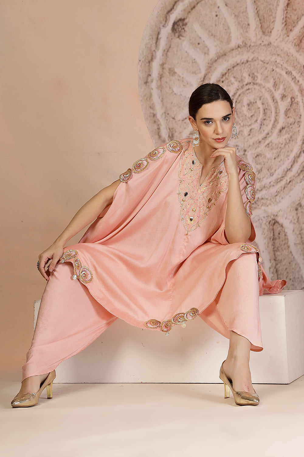 Powder Pink Silk Peplum Kurta Set with Tulip Pants & Leather Detailing