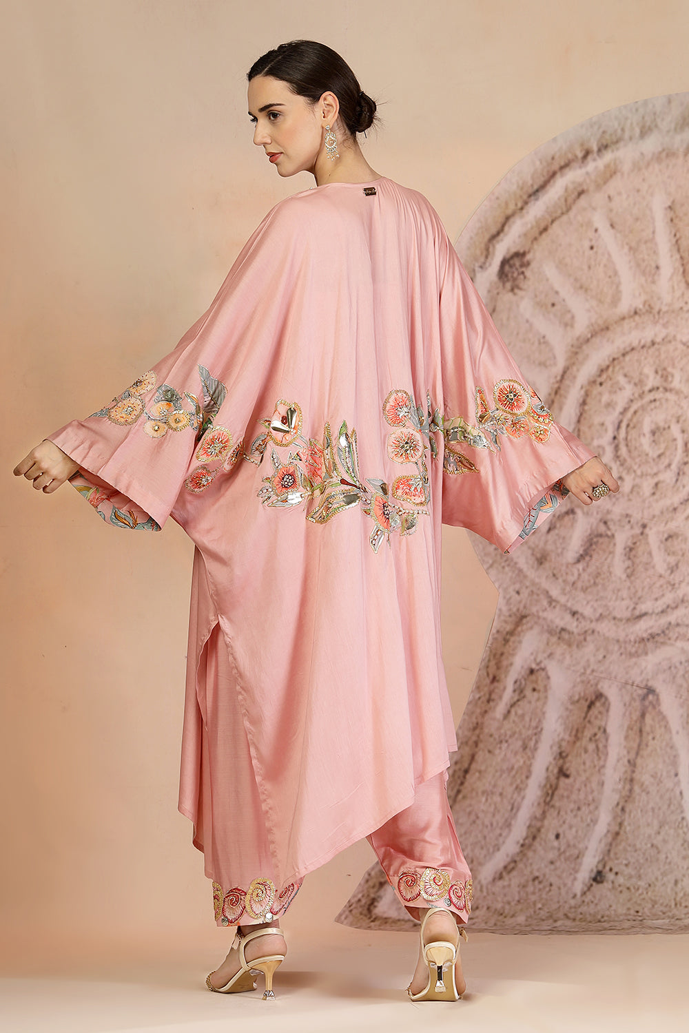 Powder Pink Structured Bustier Set with Embroidered Cape & Farshi Pants