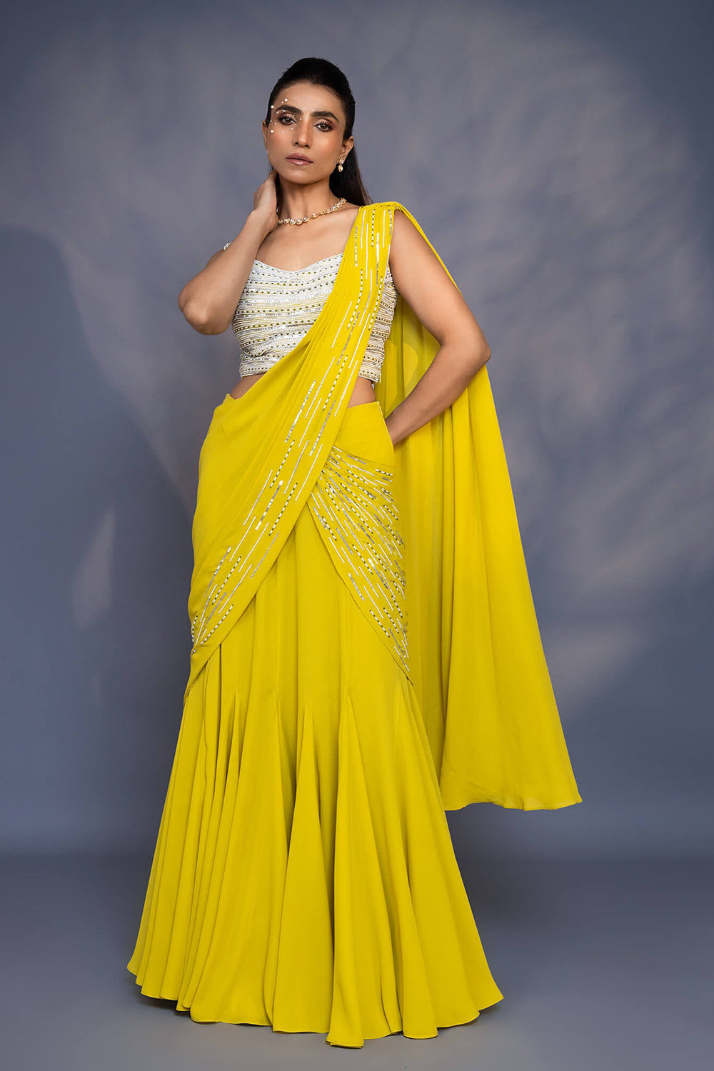 Pre Draped Kali Saree with Embroidered Blouse