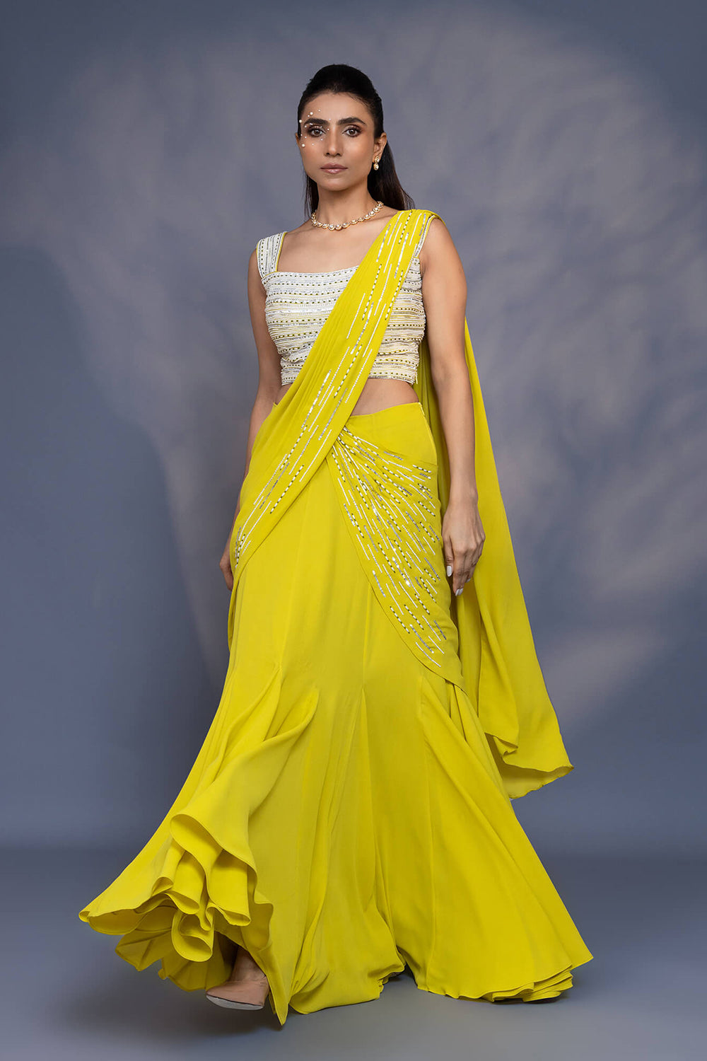 Pre Draped Kali Saree with Embroidered Blouse