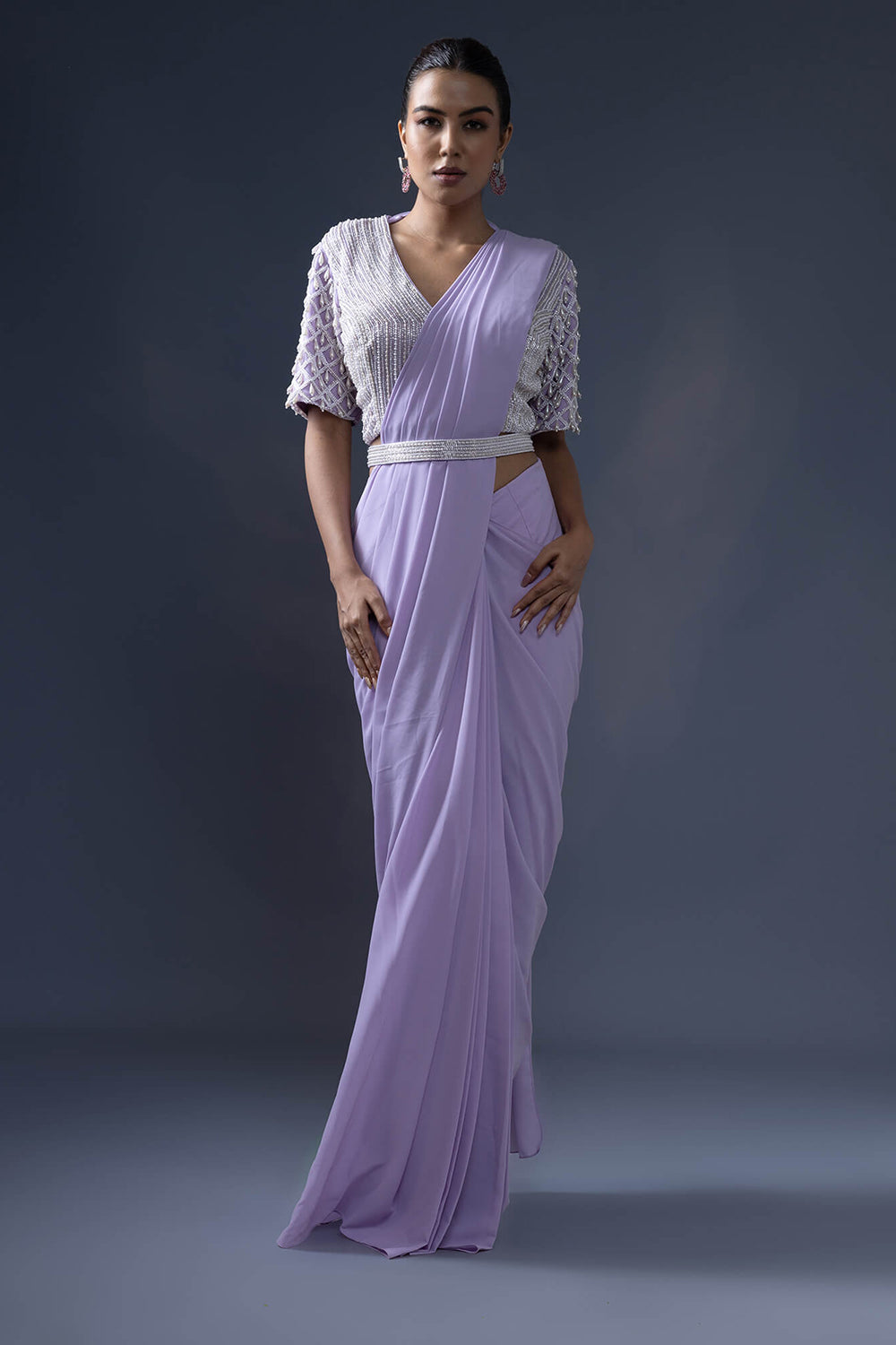 Pre Draped Saree with Embroidered Belt and Blouse