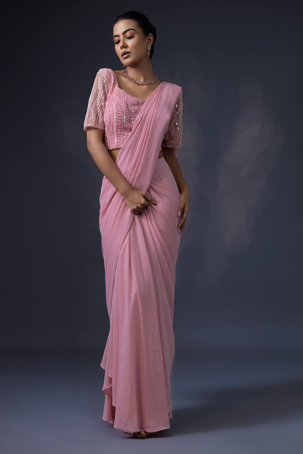 Pre Draped Saree with Embroidered Blouse