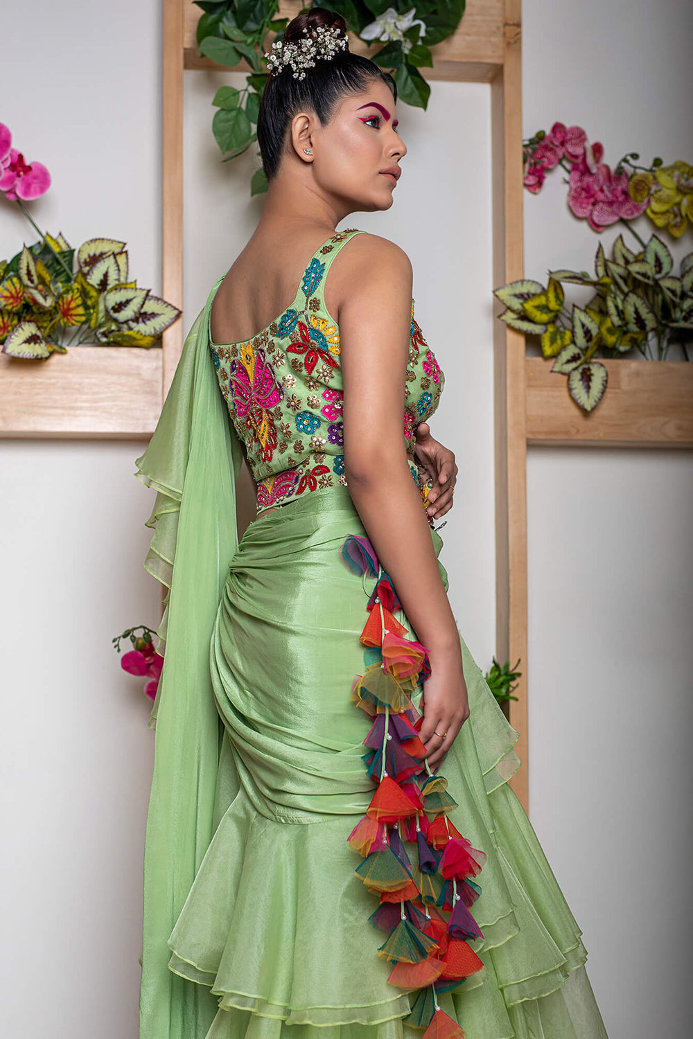 Pre-Stitched Ruffle Saree with Embroidered Blouse and Tie-Up Belt with Hand-Made Hangings