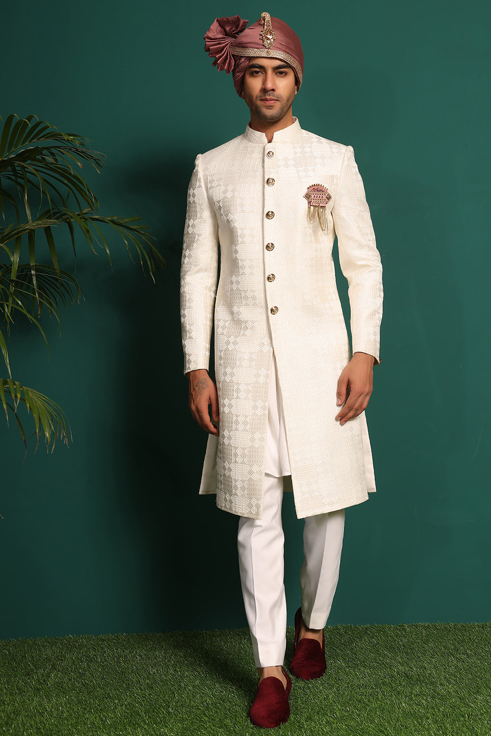 Pure silk Ivory White Sherwani with Kantha Work