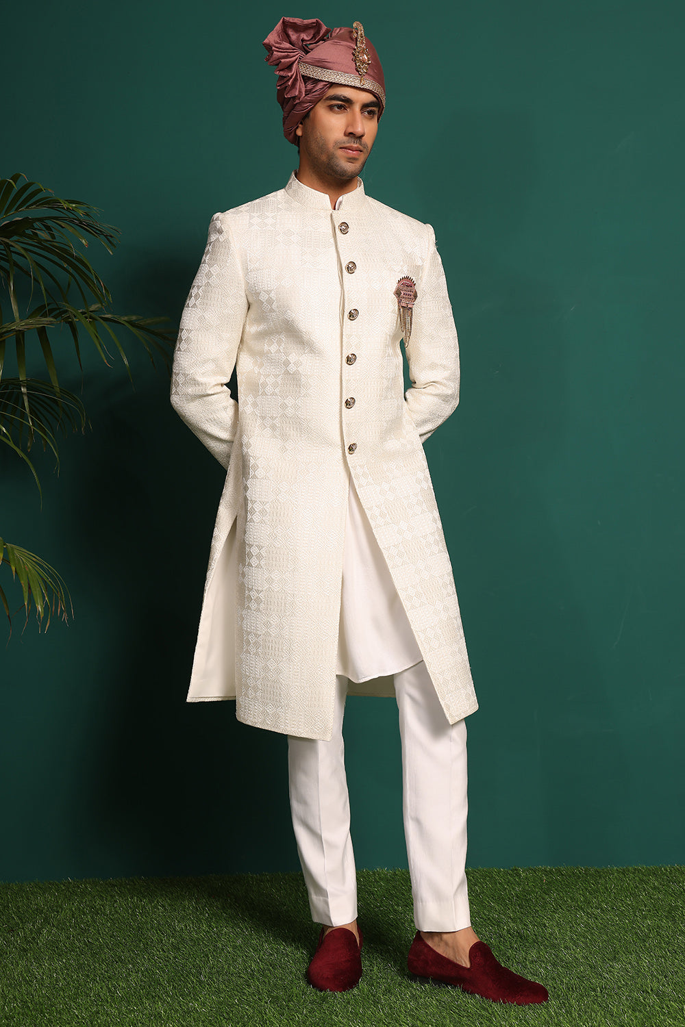 Pure silk Ivory White Sherwani with Kantha Work