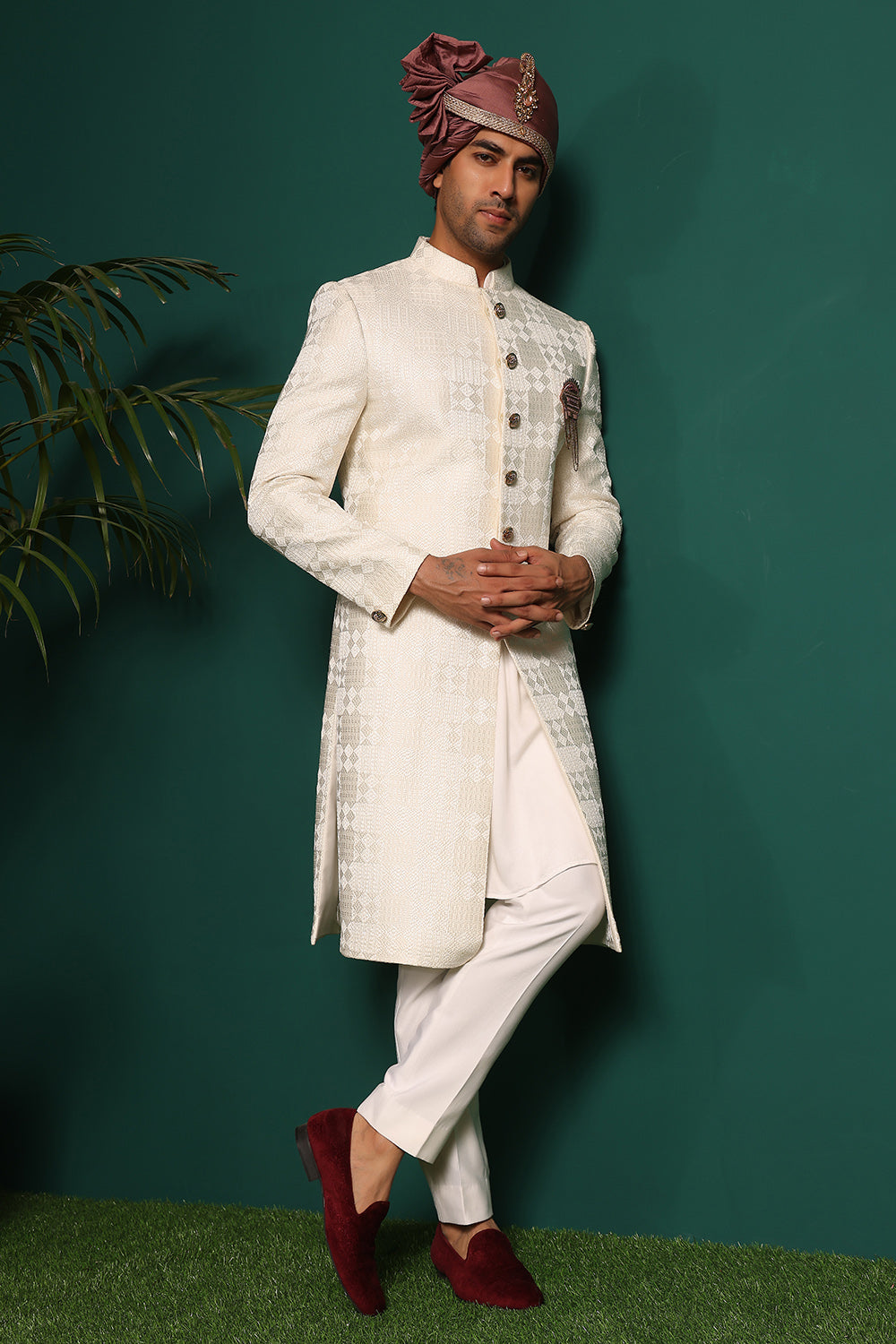 Pure silk Ivory White Sherwani with Kantha Work