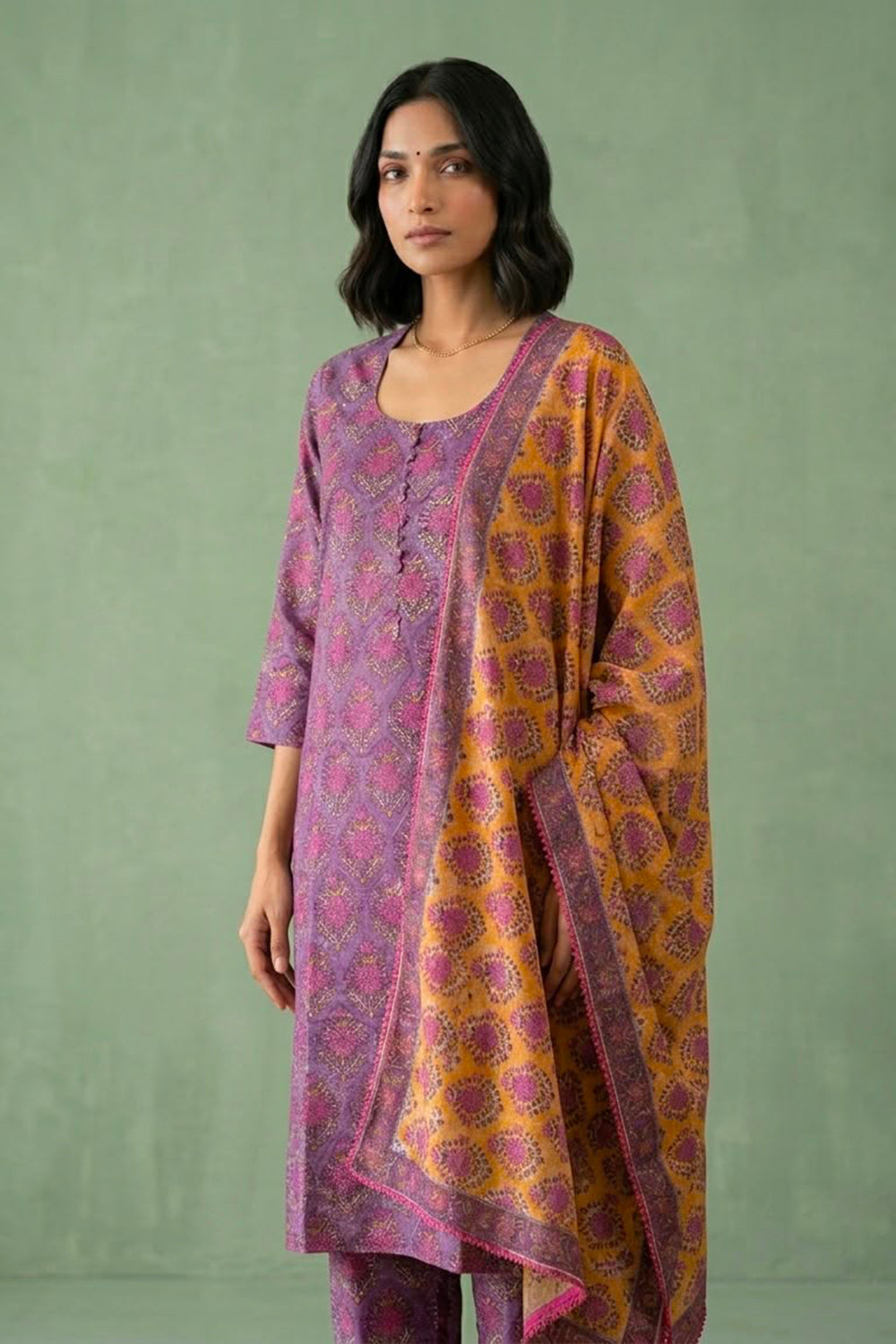 Purple allover geometric kurta pant along with contrasting dupatta