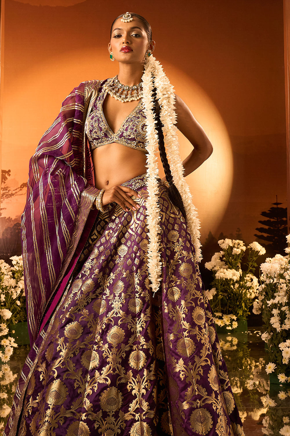 Purple Banarasi Chanderi Lehenga Set