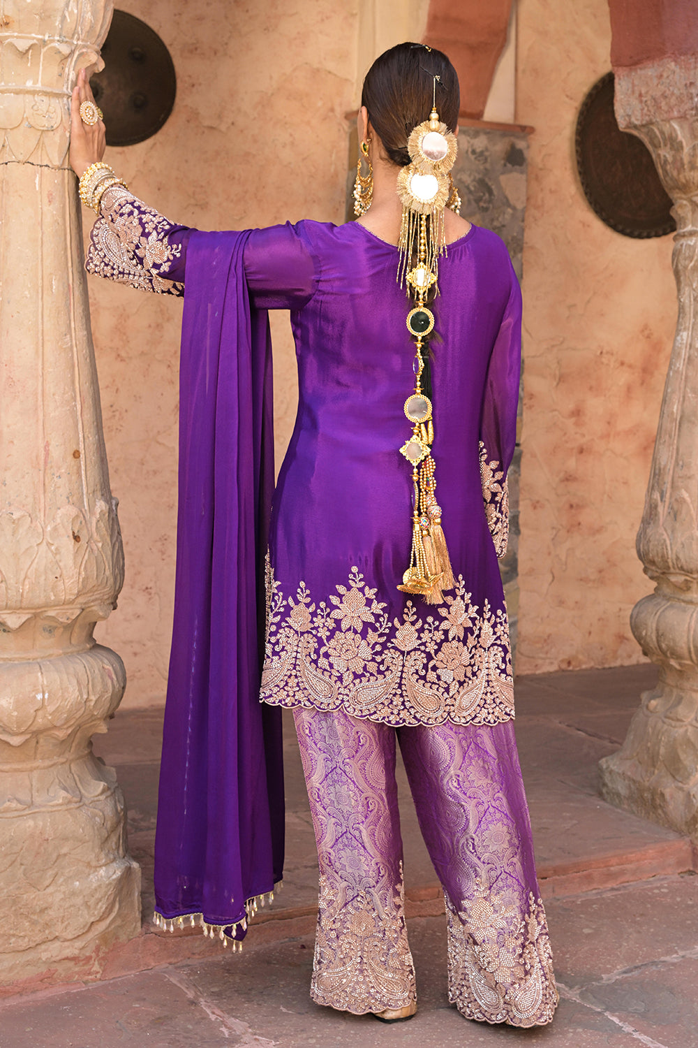 Purple Brocade Kurti Pant Set Designer Floral Festive Wear