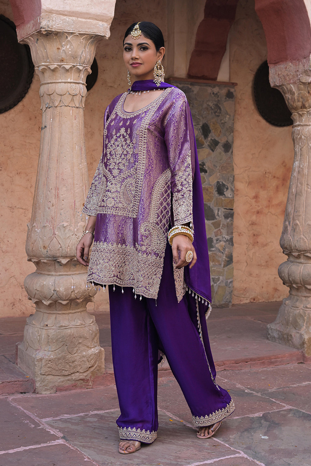 Purple Brocade Kurti Pant Set Elegant Festive Party Look
