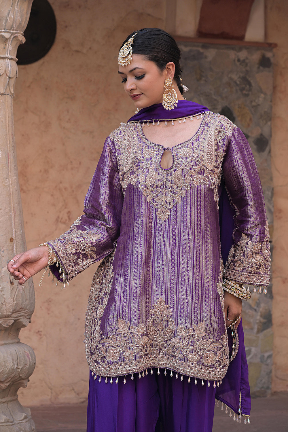 Purple Brocade Kurti Plazzo Set Festive Indian Designer Wear