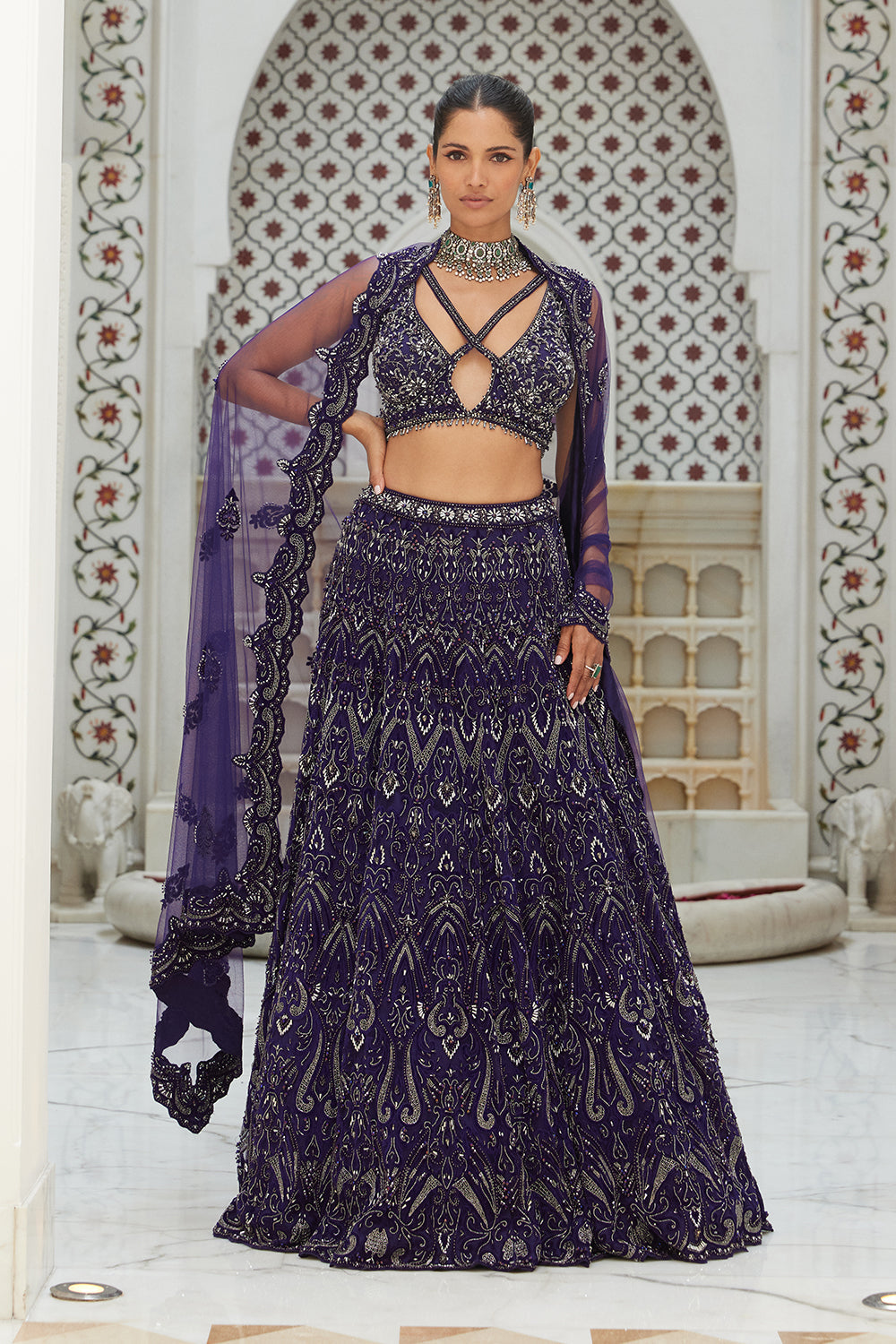 Purple Net Lehenga Choli Dupatta Set