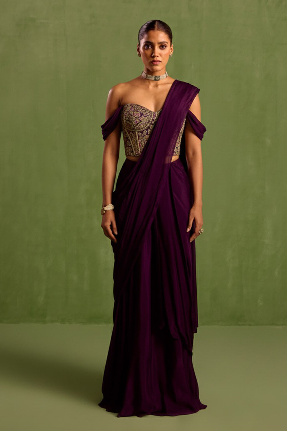 Purple Pre Draped Saree Set