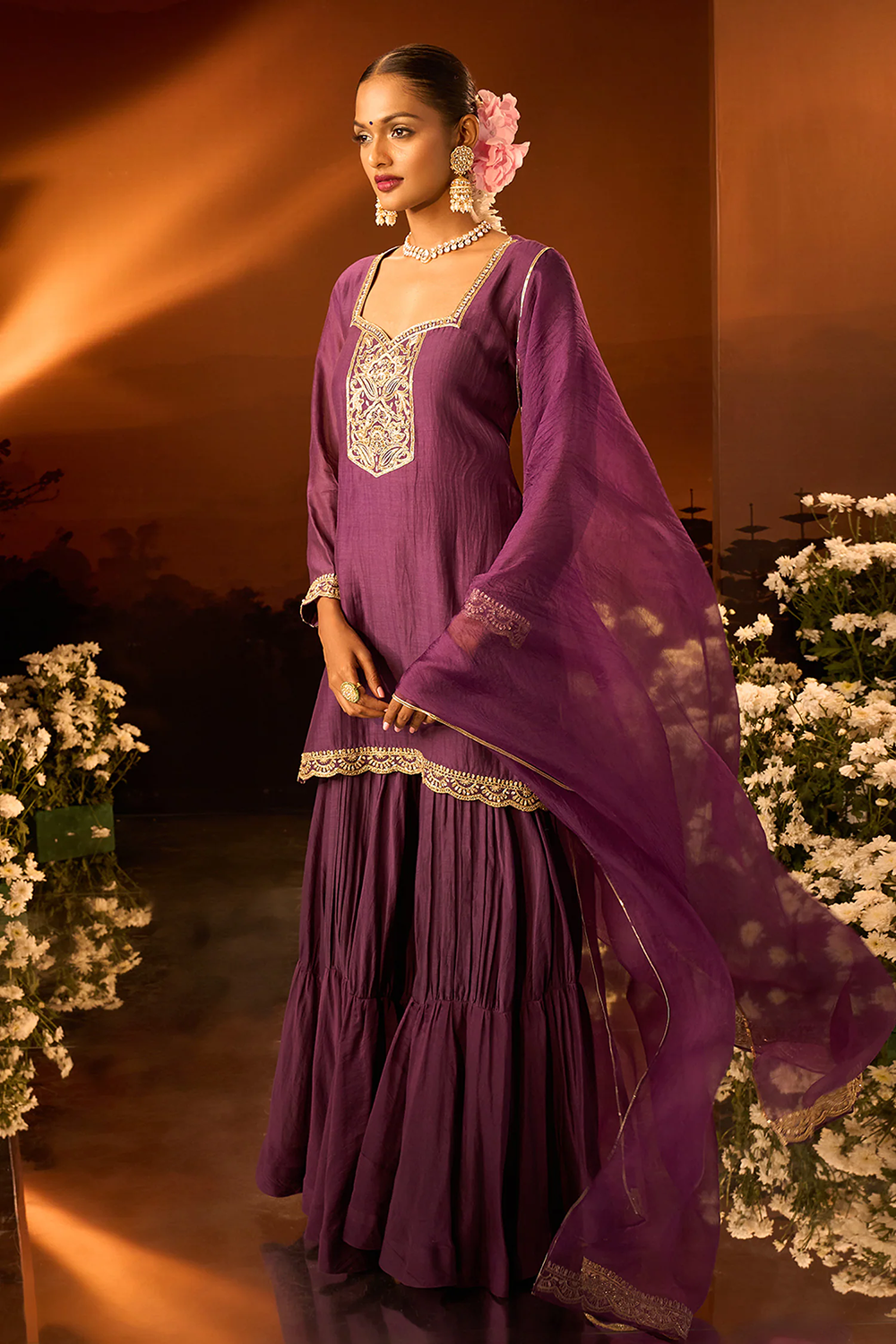 Purple Silk Chanderi Kurta Gharara Set