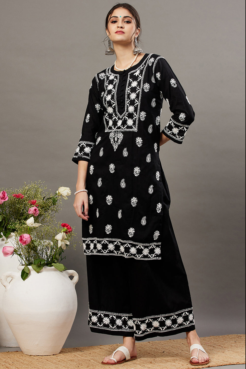 Black Cotton Chikankari Kurta / Palazzo Set