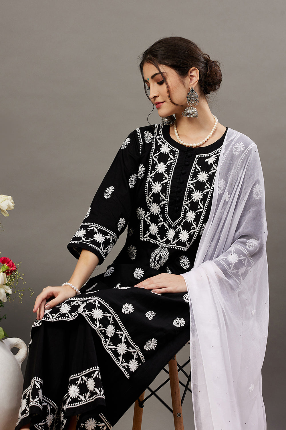 Black Cotton Chikankari Kurta / Palazzo Set