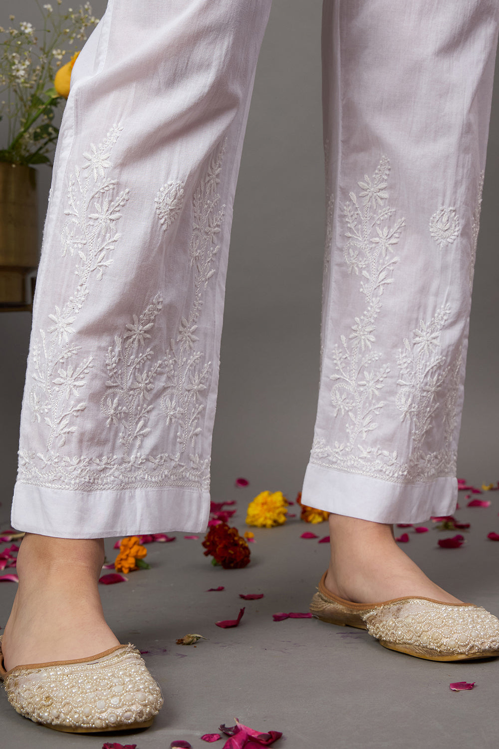 Wite Chikankari Embroidered Pants With Organza Inserts