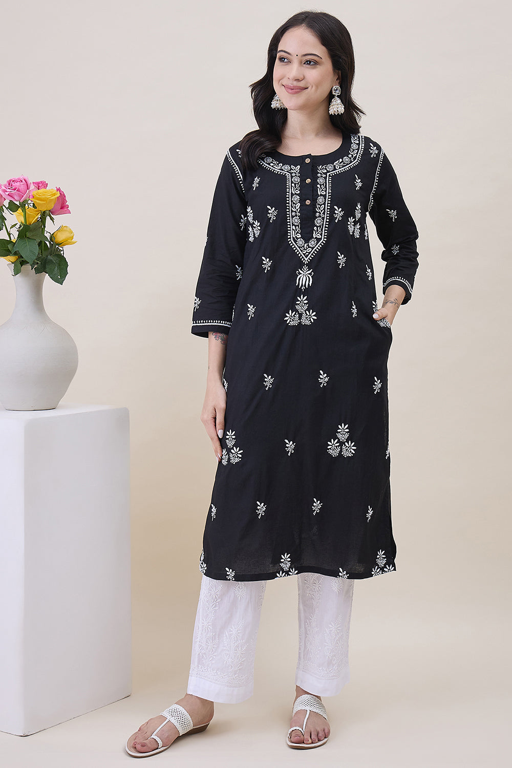 Black Cotton Round Neck Chikankari Kurta With Side Pockets