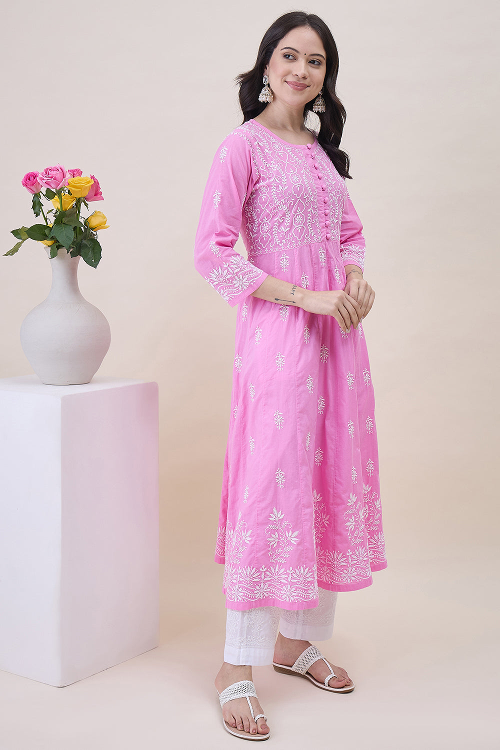 Pink Cotton Round Neck Anarkali With Chikankari