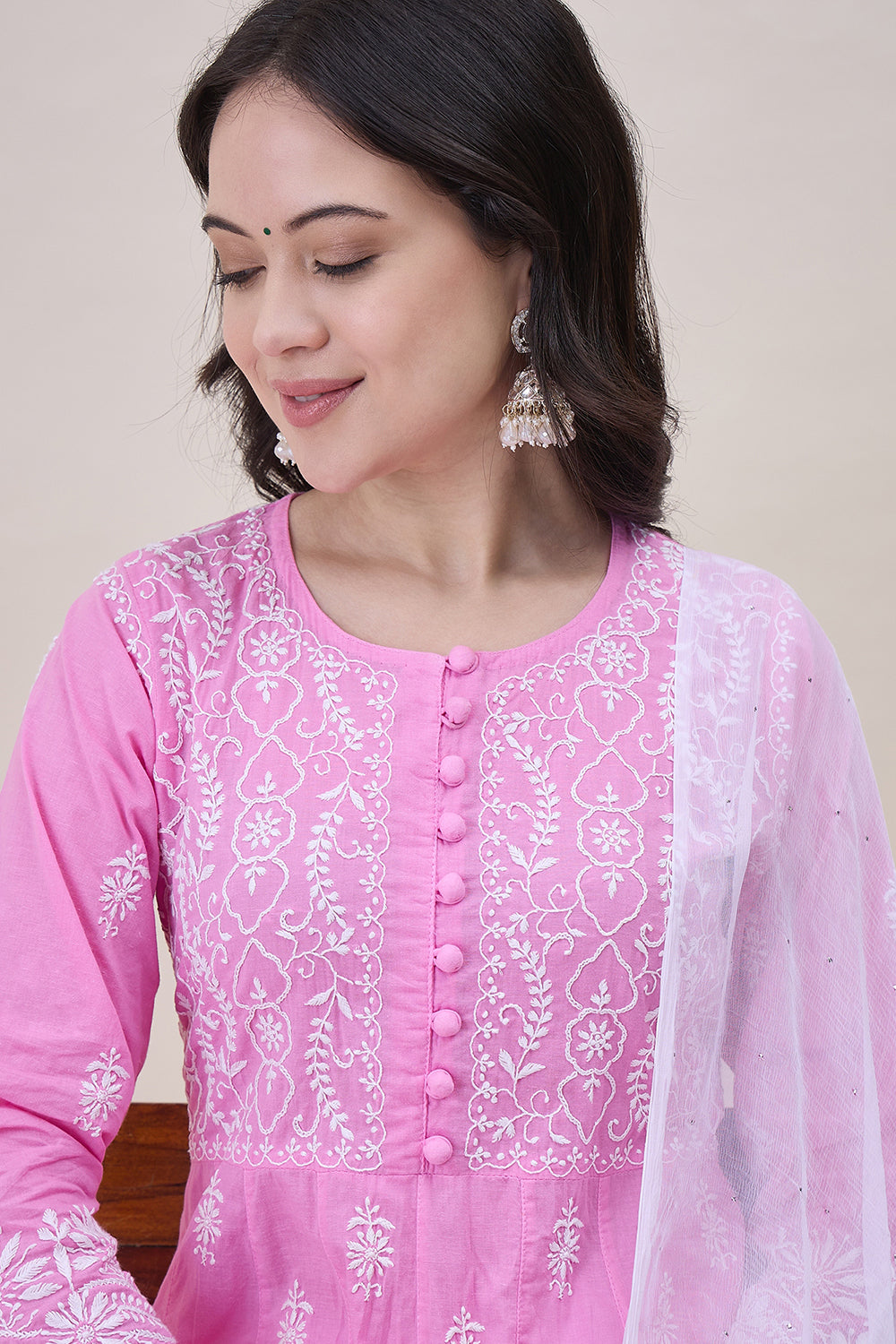 Pink Cotton Round Neck Anarkali With Chikankari