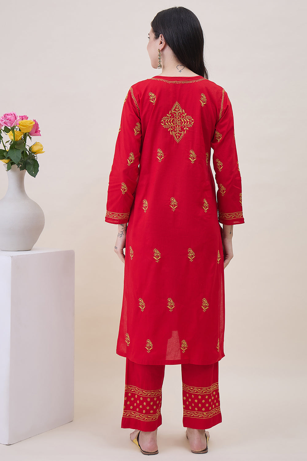 Red Cotton Mustard Chikankari Kurta With Pants With Pockets And Mustard Chikankari