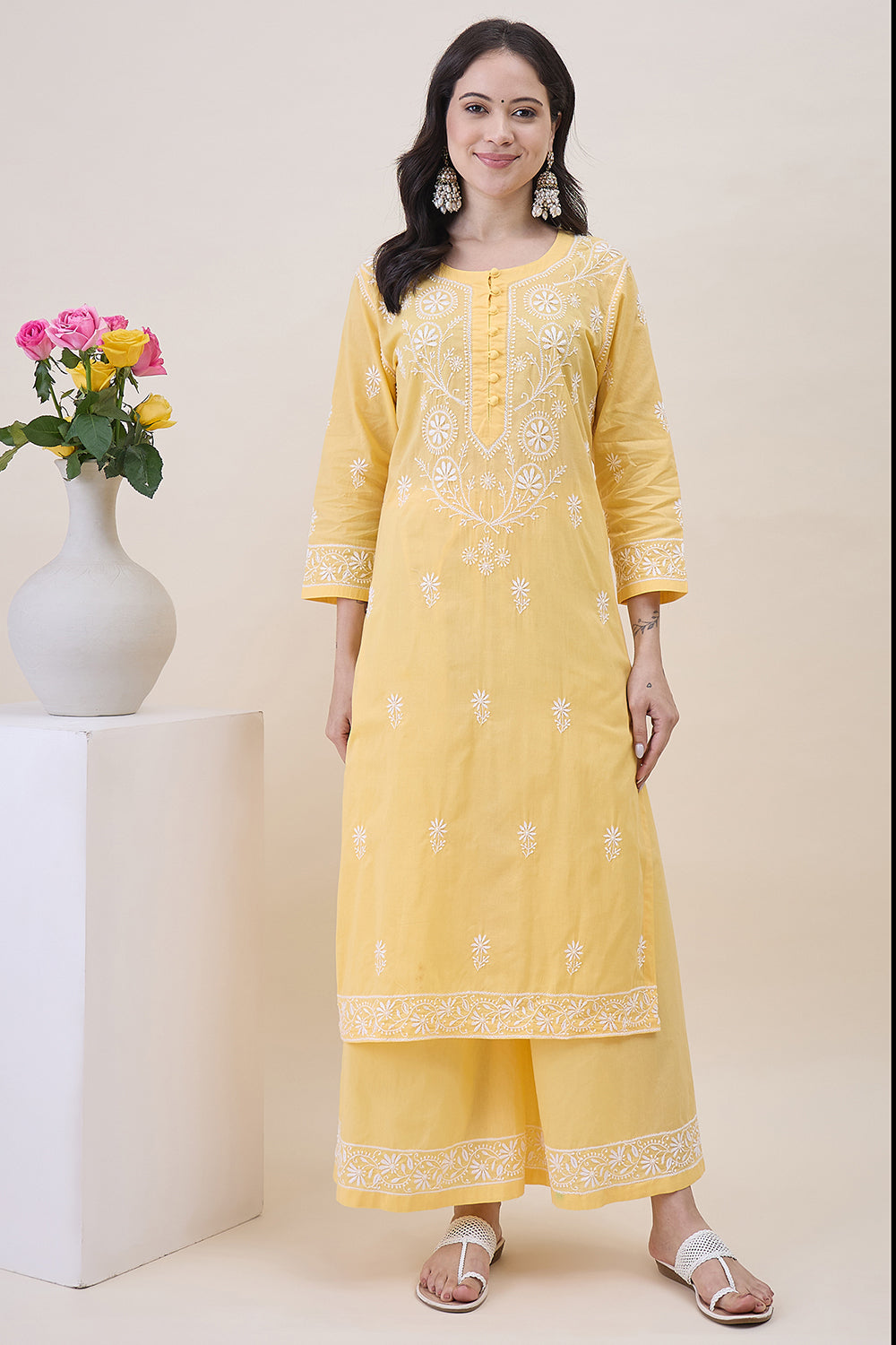 Yellow Chikankari Cotton Round Neck Kurta With Sharara