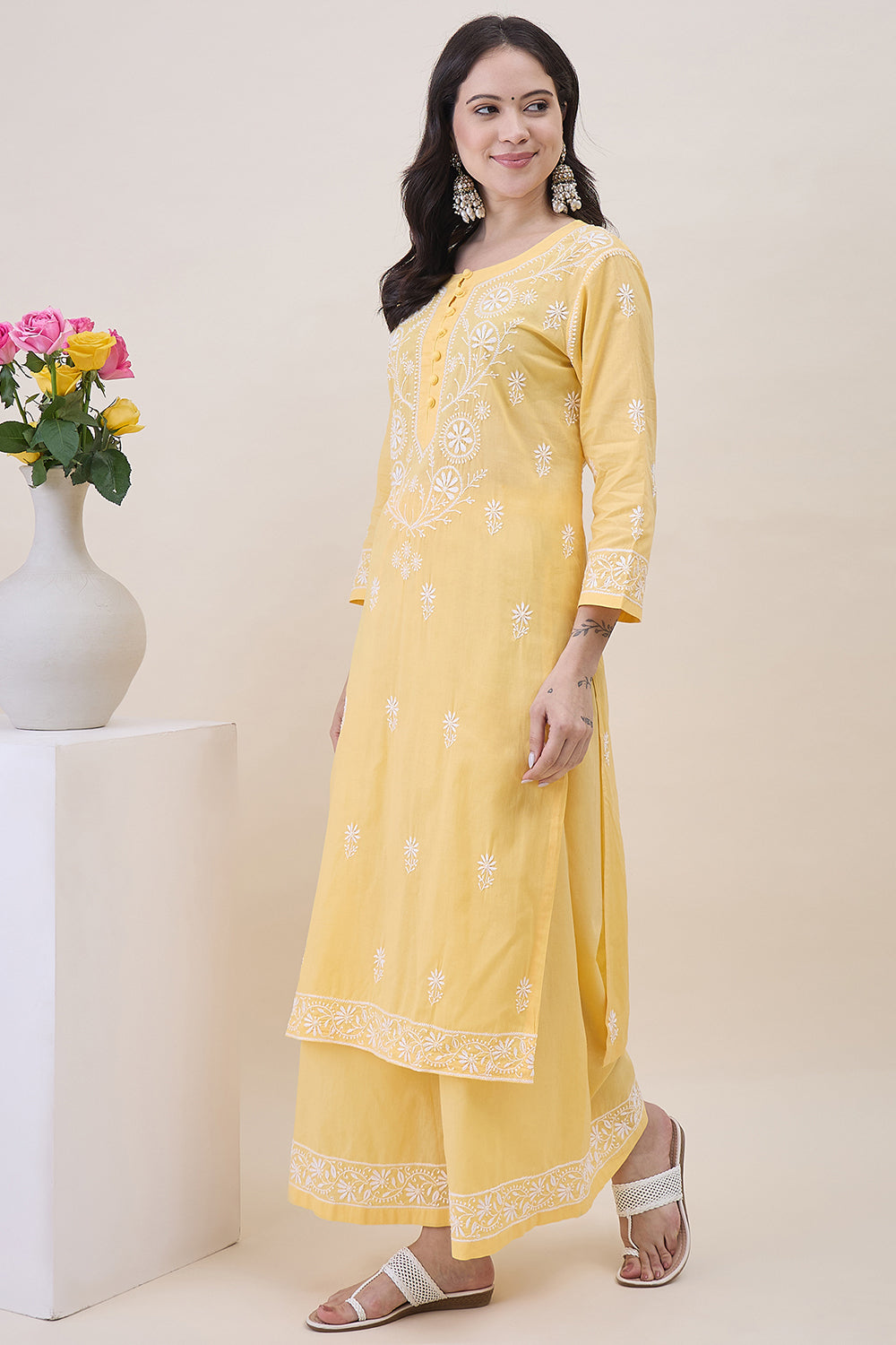 Yellow Chikankari Cotton Round Neck Kurta With Sharara