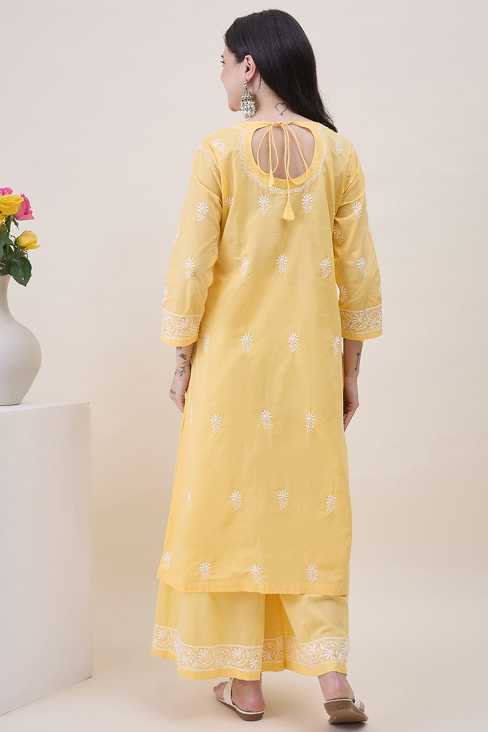 Yellow Chikankari Cotton Round Neck Kurta With Sharara