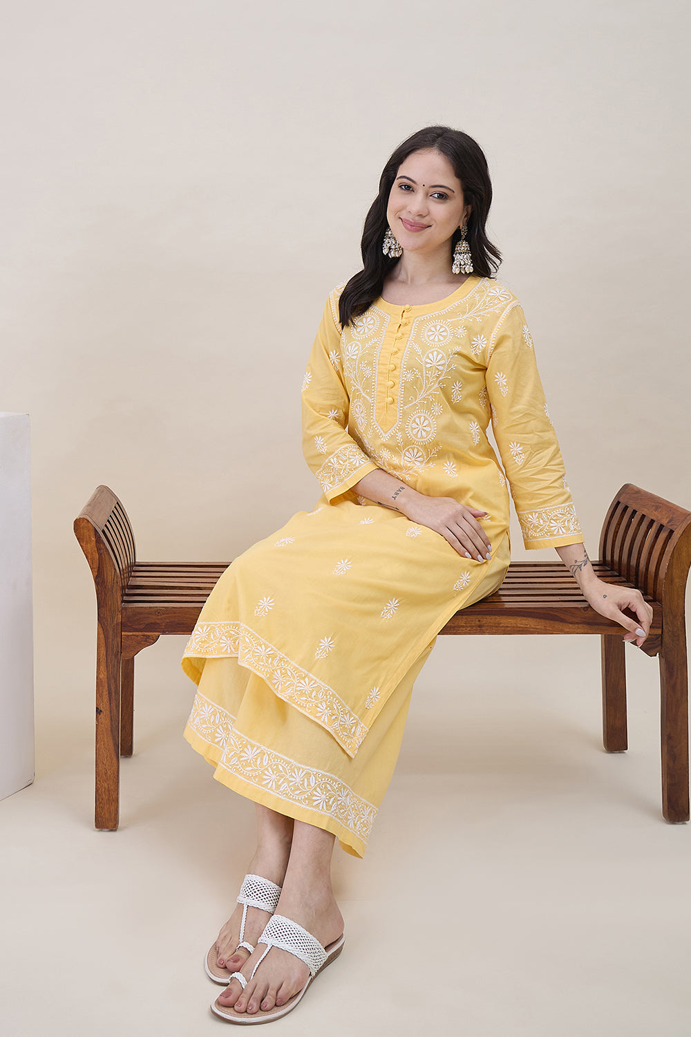 Yellow Chikankari Cotton Round Neck Kurta With Sharara