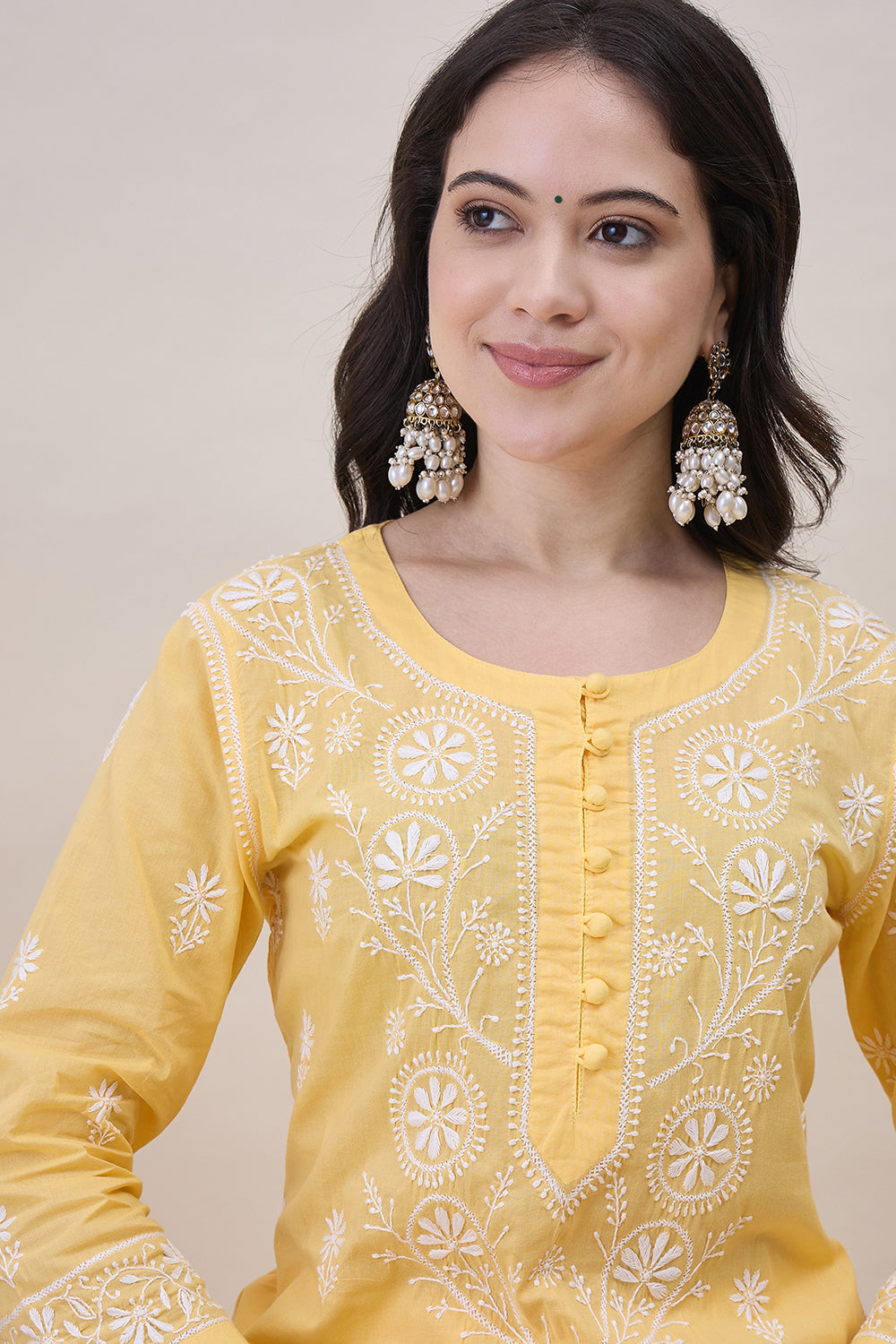 Yellow Chikankari Cotton Round Neck Kurta With Sharara