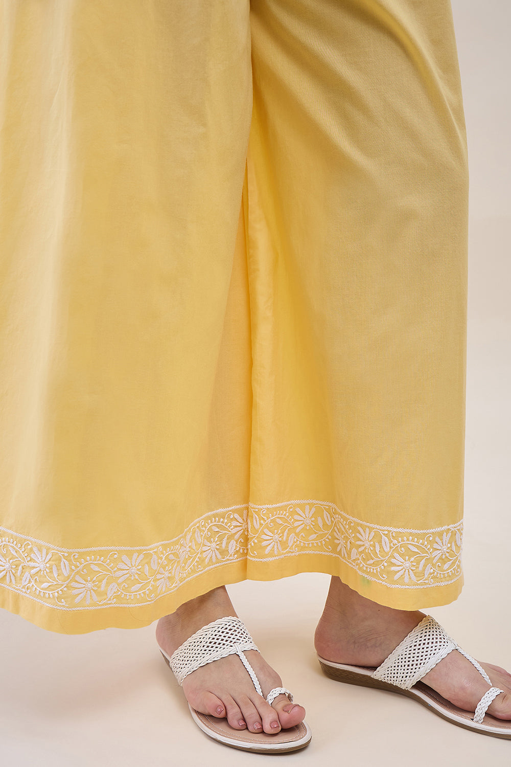 Yellow Chikankari Cotton Round Neck Kurta With Sharara