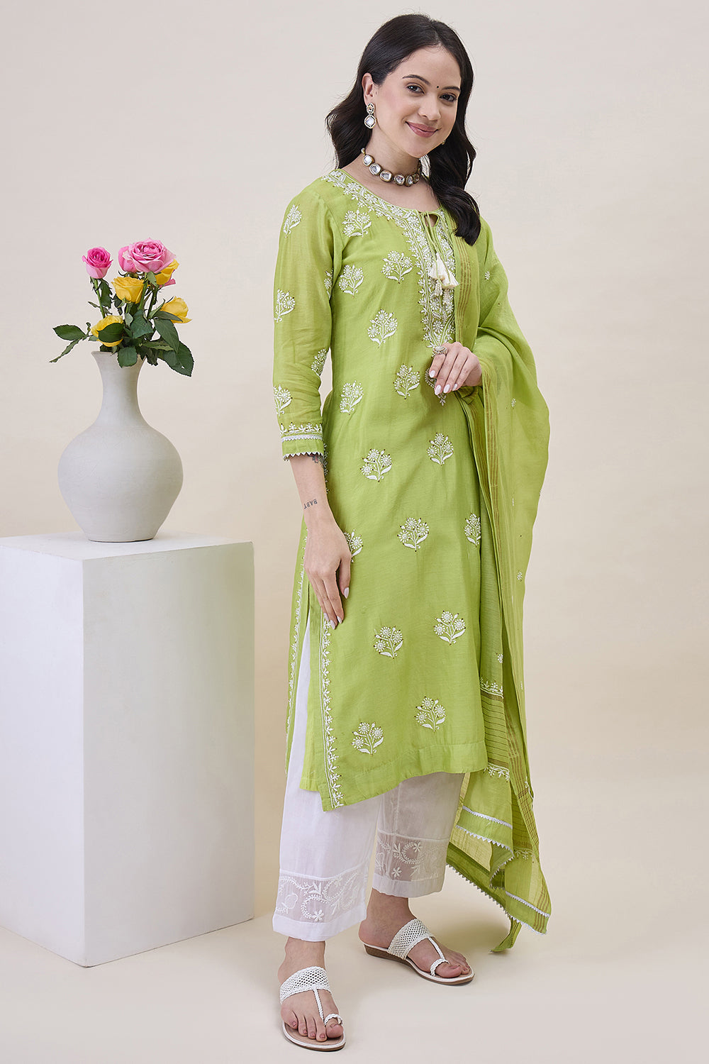 Green Chanderi Chikankari Kurta With Chanderi Dupatta Wiith Mukaish Work + Slip