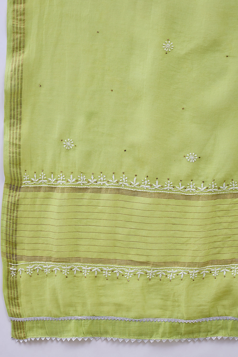 Green Chanderi Chikankari Kurta With Chanderi Dupatta Wiith Mukaish Work + Slip