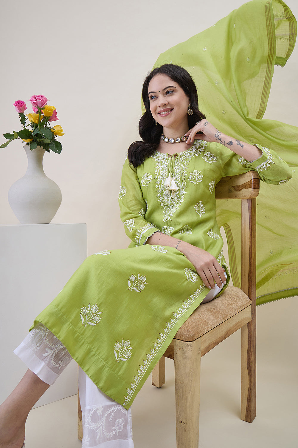 Green Chanderi Chikankari Kurta With Chanderi Dupatta Wiith Mukaish Work + Slip