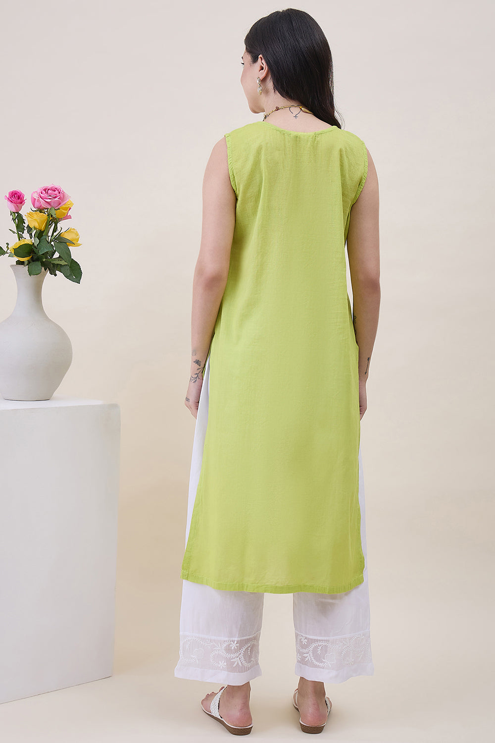 Green Chanderi Chikankari Kurta With Chanderi Dupatta Wiith Mukaish Work + Slip