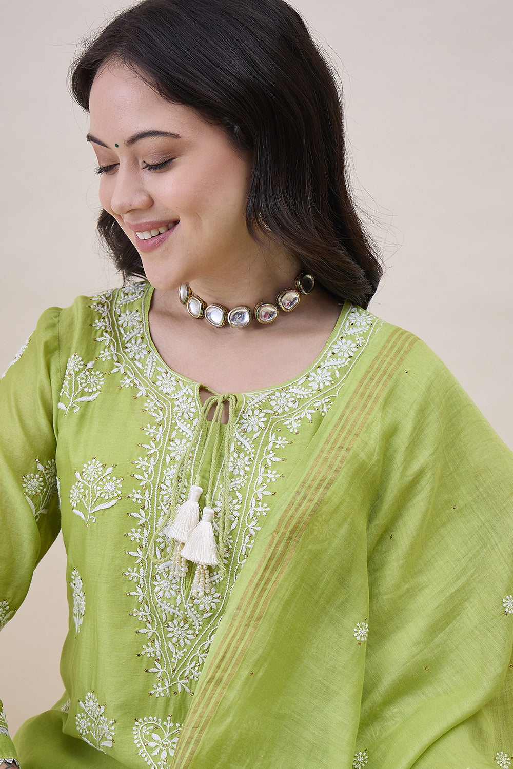 Green Chanderi Chikankari Kurta With Chanderi Dupatta Wiith Mukaish Work + Slip