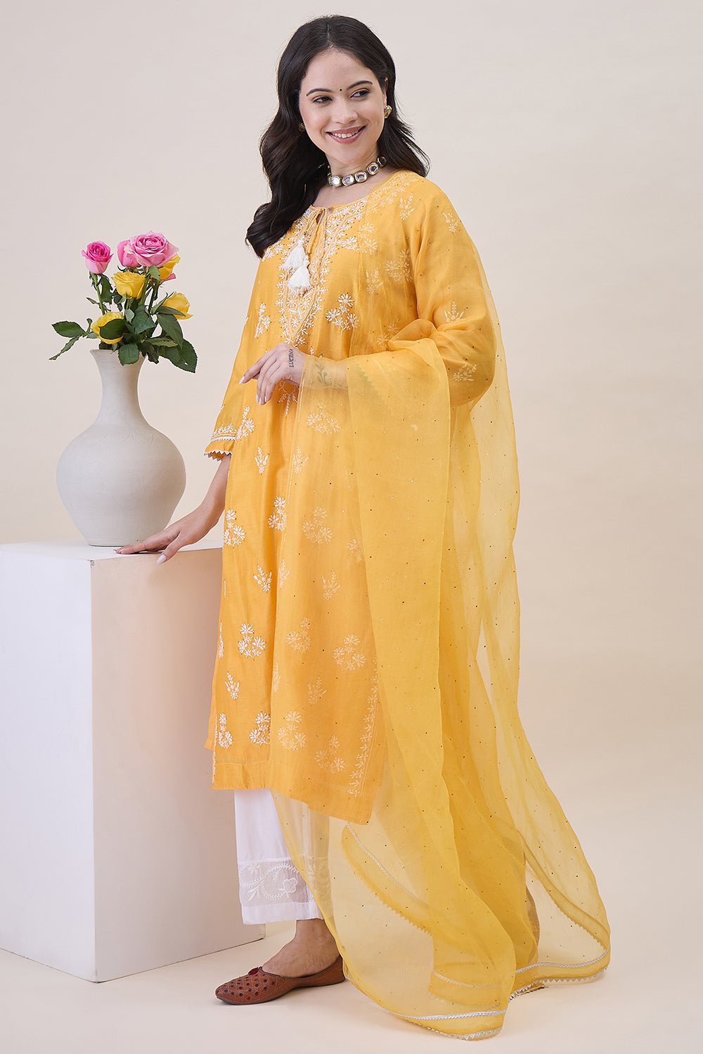 Mustard Yellow Chanderi Chikankari Kurta With Silk Organza Dupatta Wiith Mukaish Work + Slip
