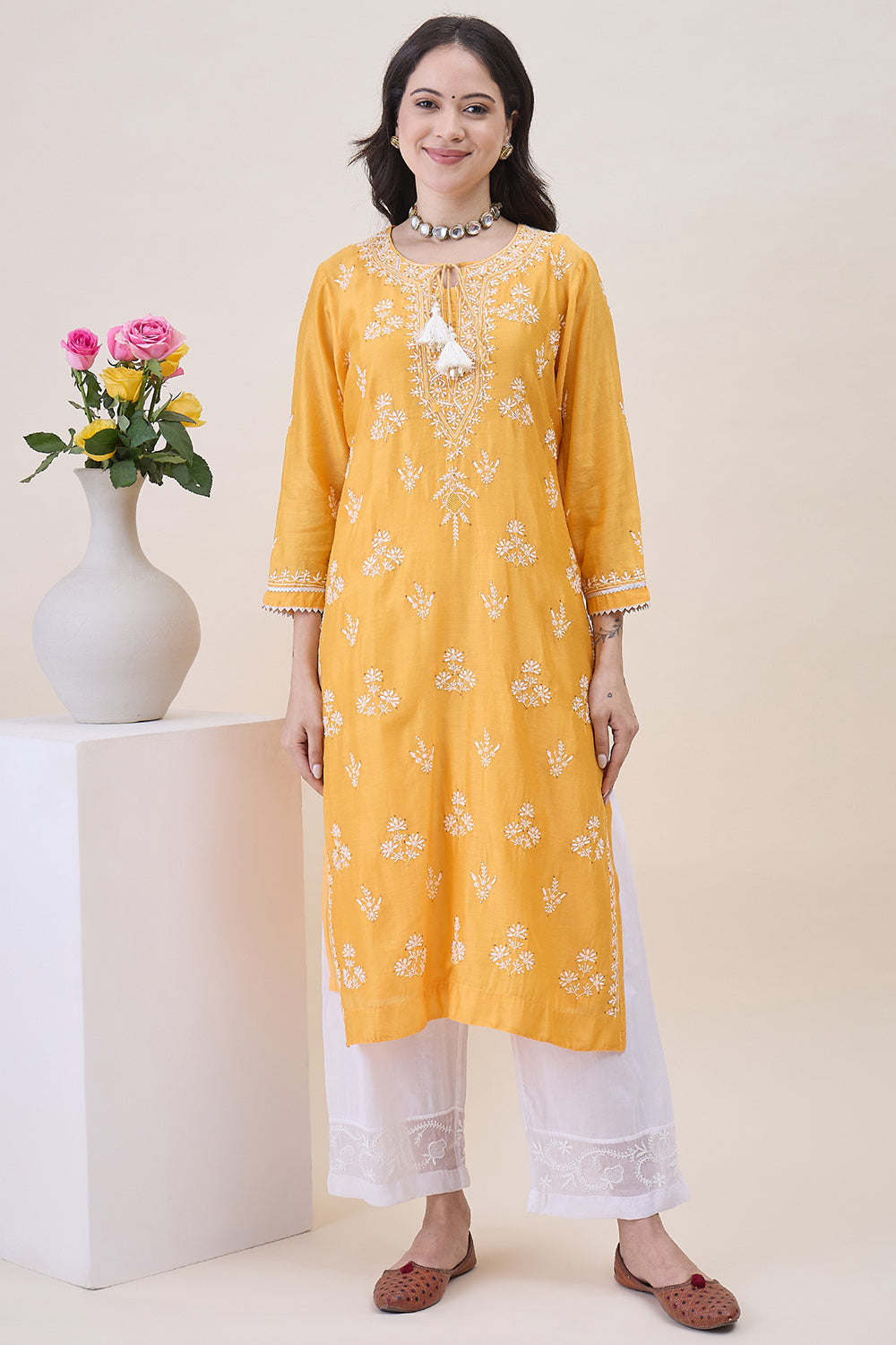 Mustard Yellow Chanderi Chikankari Kurta With Silk Organza Dupatta Wiith Mukaish Work + Slip