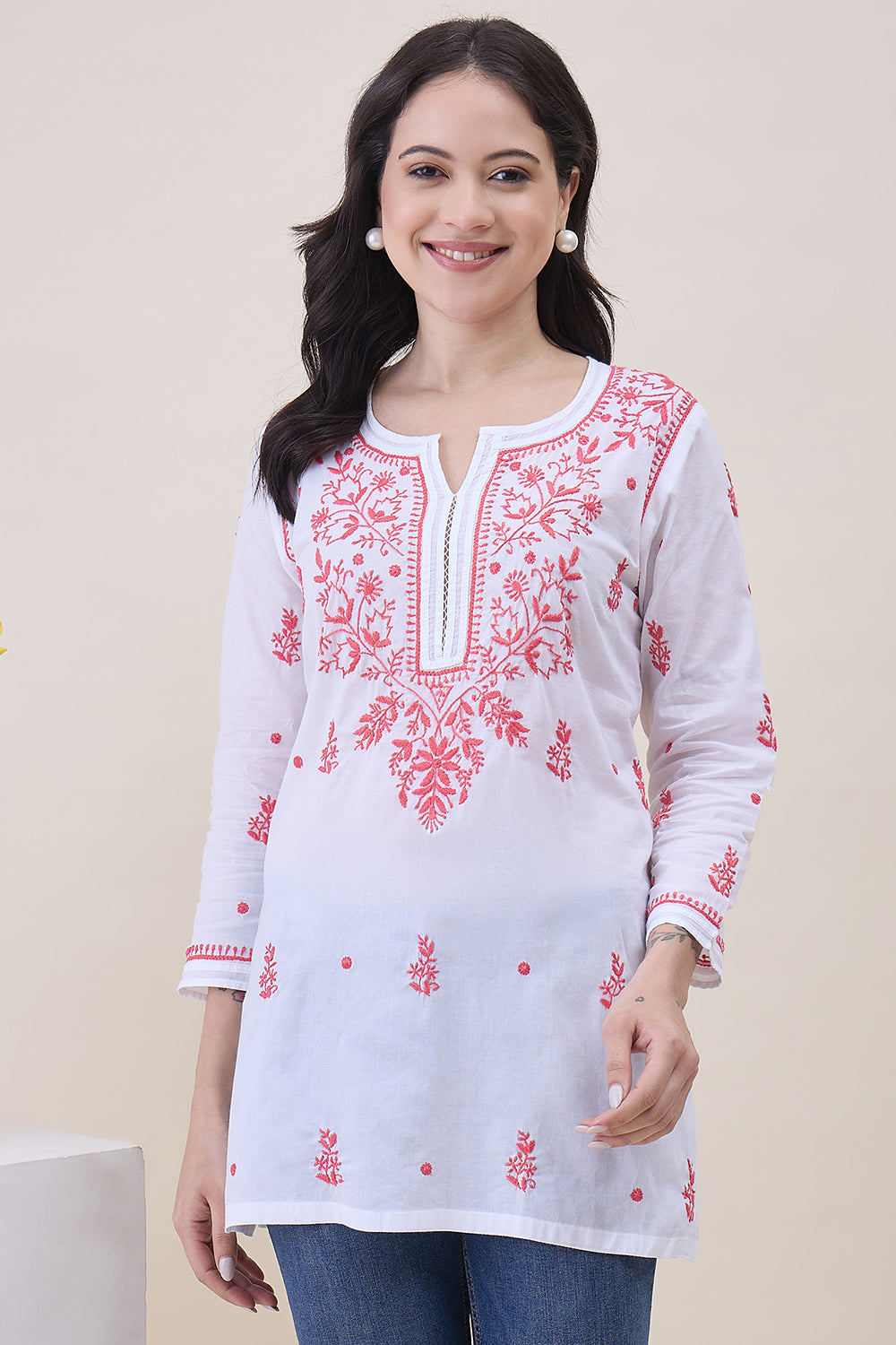 White Cotton Tunic With Chikankari