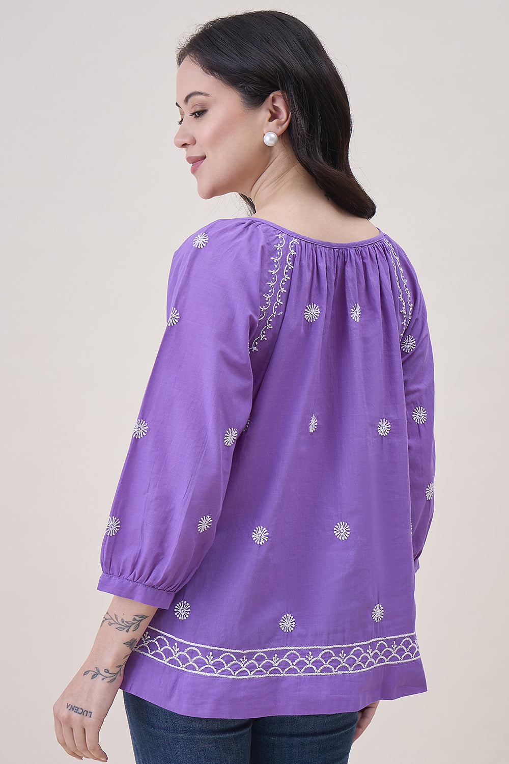 Purple Cotton Top With Front Ties And Chikankari